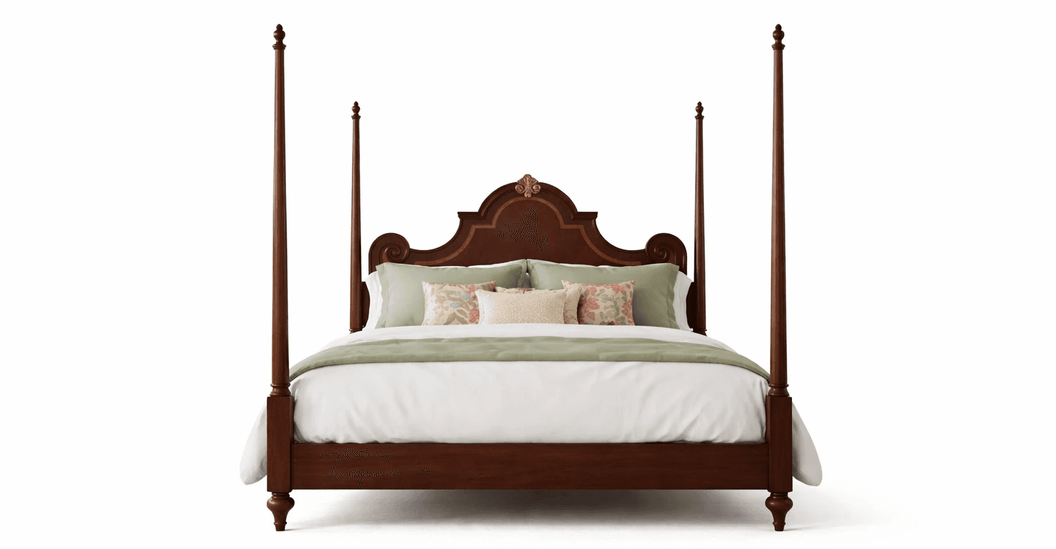 Classic wooden bed with shaped headboard and carved detailing