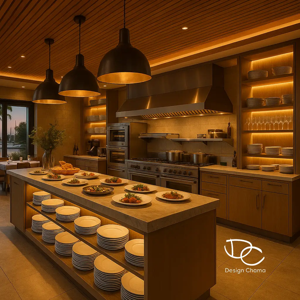 Επαγγελματική κουζίνα εστιατορίου με ανοξείδωτες επιφάνειες και πλήρη εξοπλισμό υψηλών προδιαγραφών.