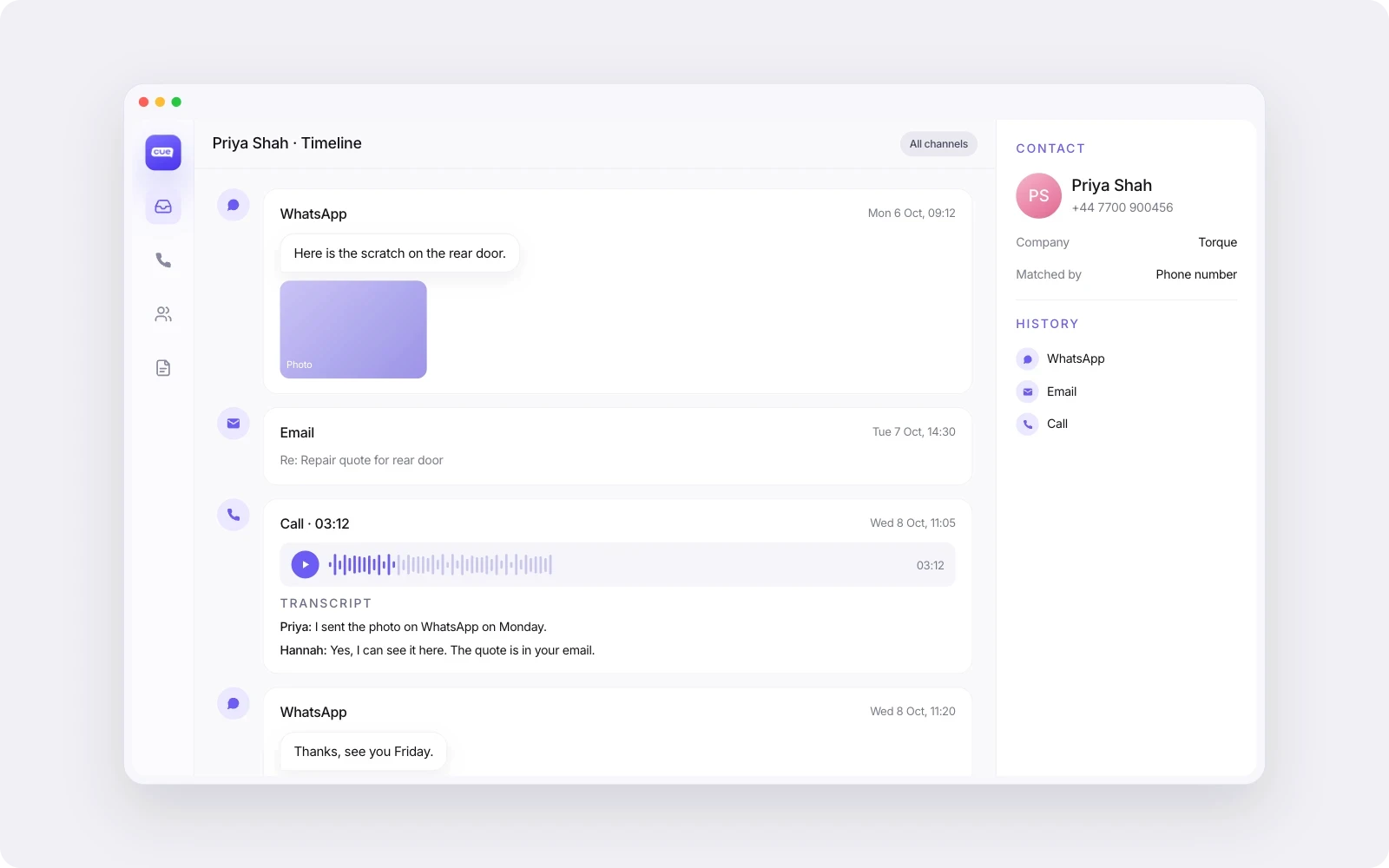 A Cue contact record listing a WhatsApp conversation, an email and a recorded, transcribed call as separate conversations under one customer.