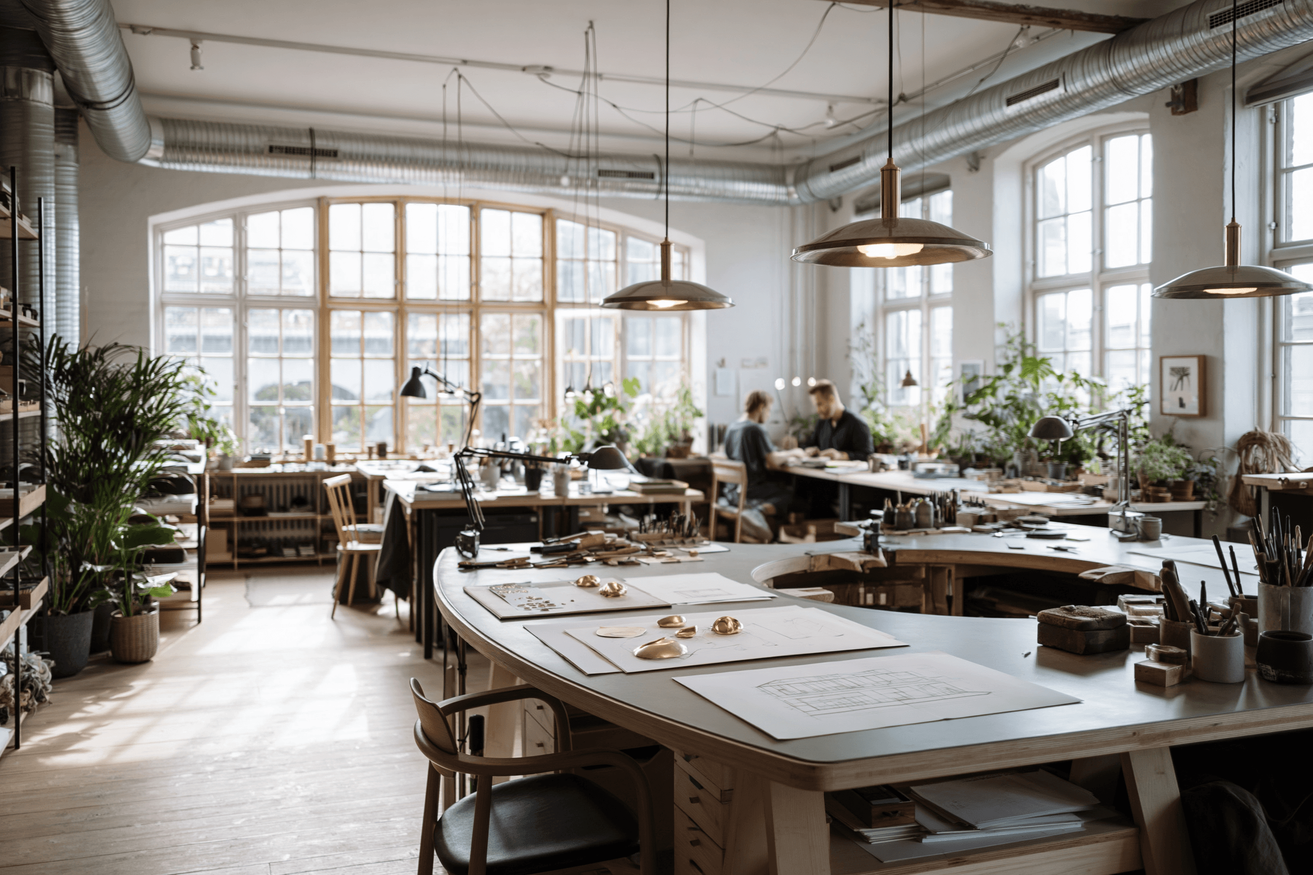 A bright, spacious studio workspace with large industrial windows, wooden tables covered in papers and tools, hanging pendant lights, potted plants, and two people working in the background. The room features exposed ductwork, light wood floors, and a mix of modern and rustic design elements.