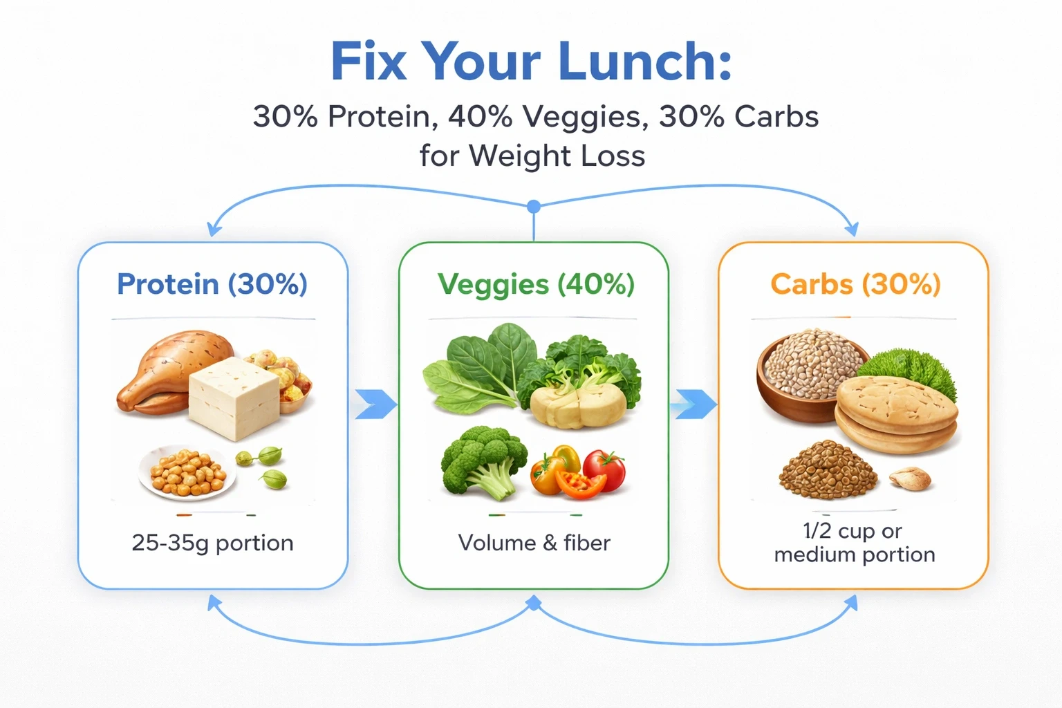Modern flowchart on a light gray background showing three steps: Protein (30%), Veggies (40%), and Carbs (30%) with relevant food icons and percentages, using a blue accent color for headings and connectors.