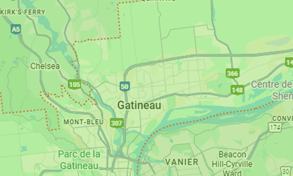 Carte montrant la zone de Gatineau étant desservie par B2Web, création de sites web professionnels au Québec