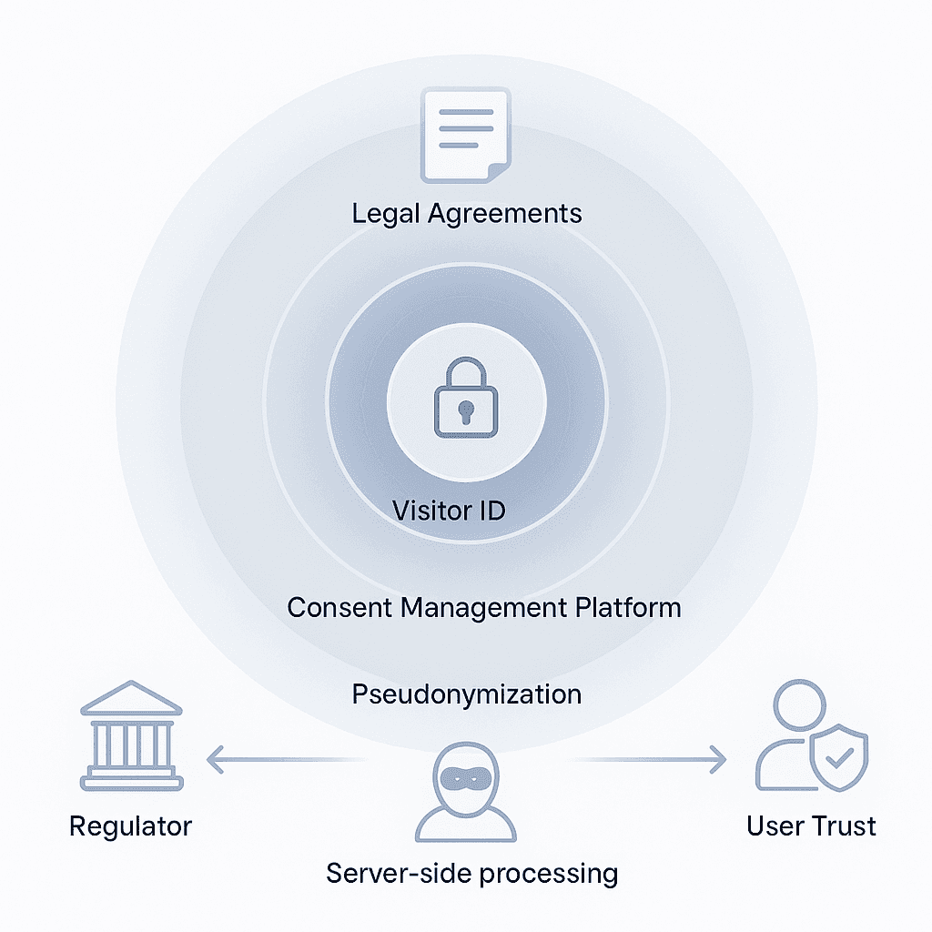 Layered diagram of consent, pseudonymization, server processing, and legal safeguards around visitor ID data