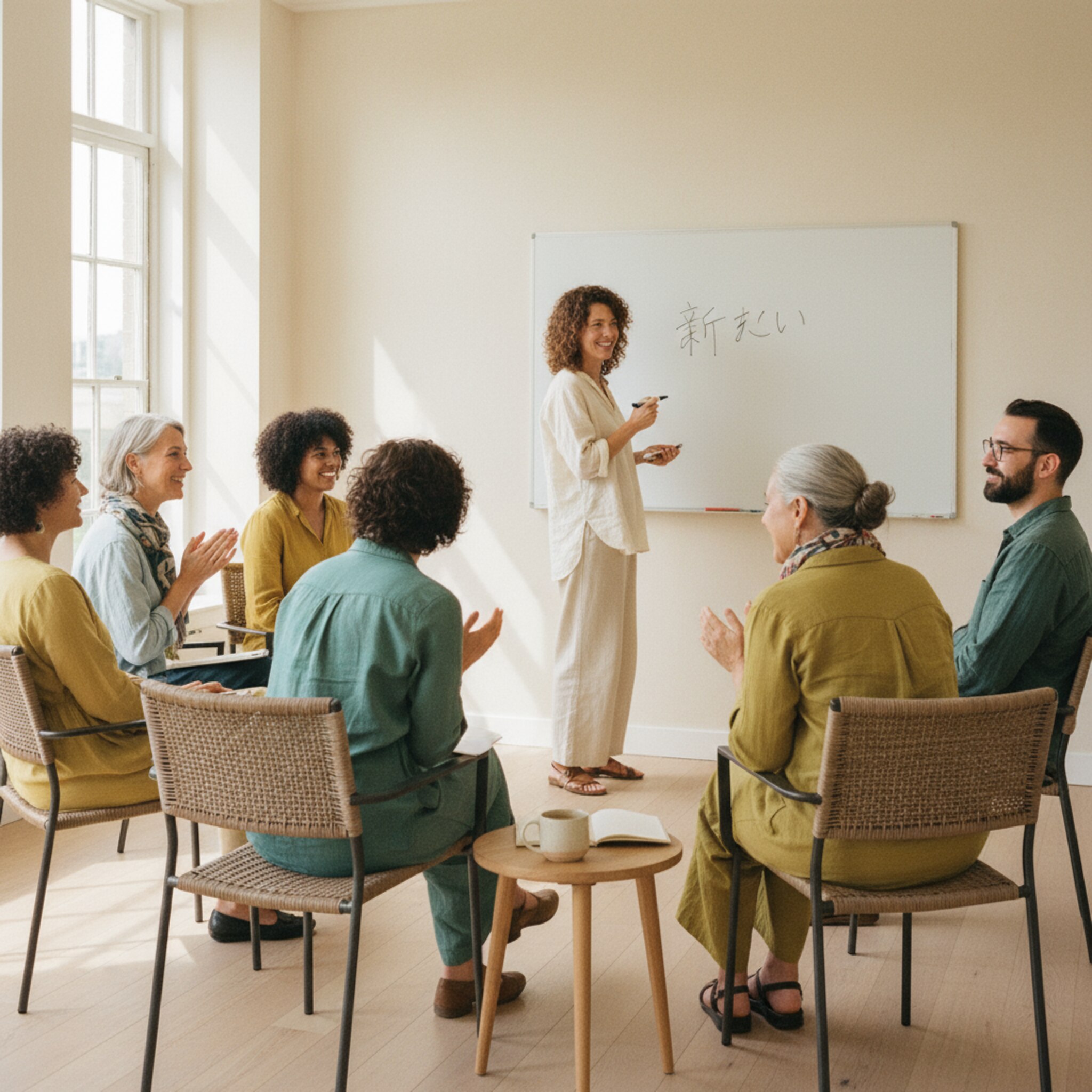 Ein Sprachkurs in einem luftigen Seminarraum: Stühle im Halbkreis, eine Tasse Tee auf einem kleinen Beistelltisch. Die Lehrkraft schreibt ein neues Wort an die Tafel, einige Teilnehmende wiederholen es lachend. Die Stimmung ist offen, aufmerksam und lebendig.