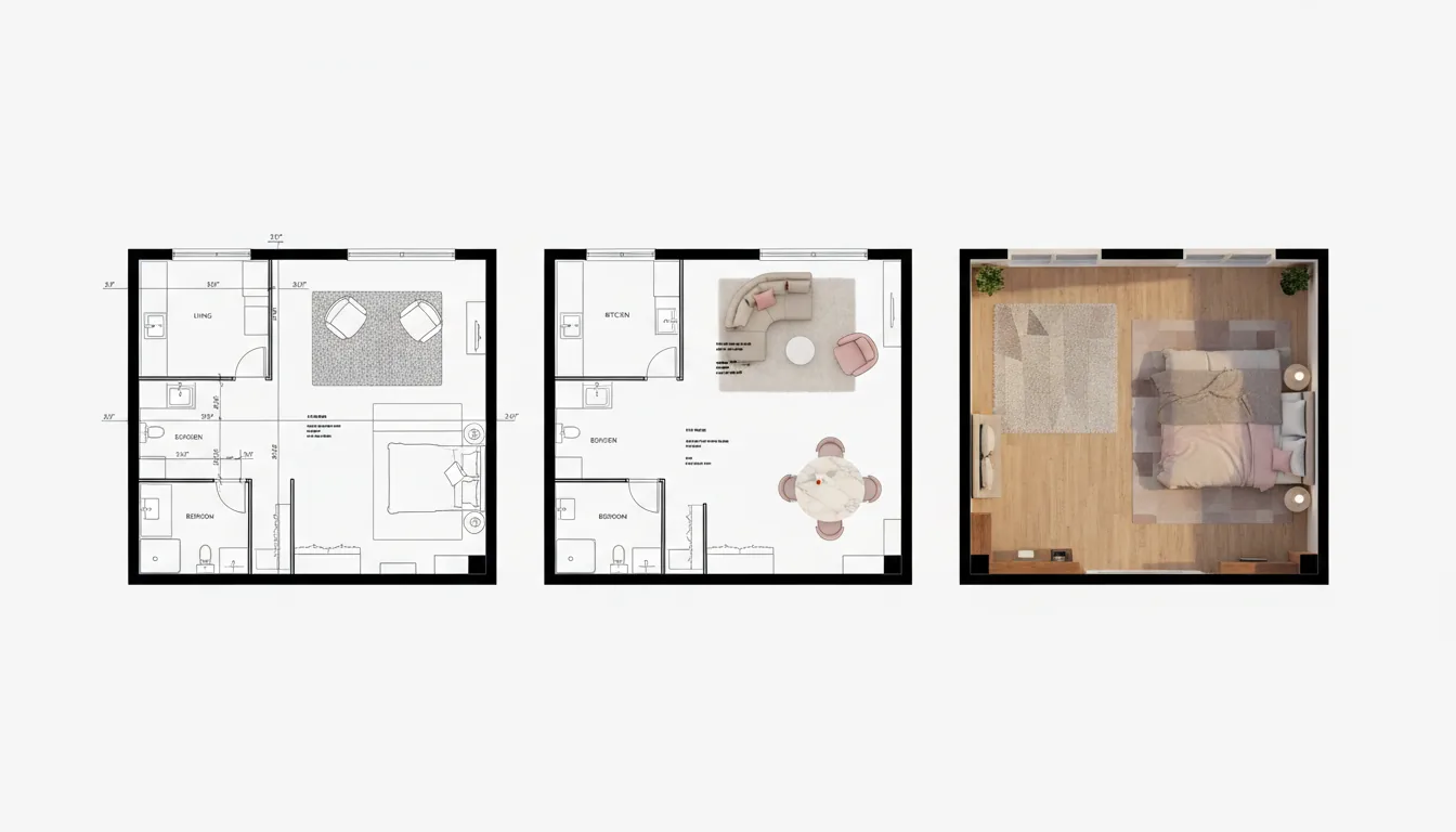 3D Render of an architectural visualization triptych, illustrating the rendering progression of a modern apartment floor plan in AutoCAD, presented side-by-side on a clean white studio backdrop. The left panel shows a minimalist black-and-white 2D technical blueprint with dimension lines. The center panel is a detailed 2D floor plan with furniture outlines and abstracted text labels. The right panel is a fully rendered top-down 3D plan view, featuring soft global illumination, realistic shadows, wood flooring, textured rugs, and contemporary furniture with beige and pink color accents.
