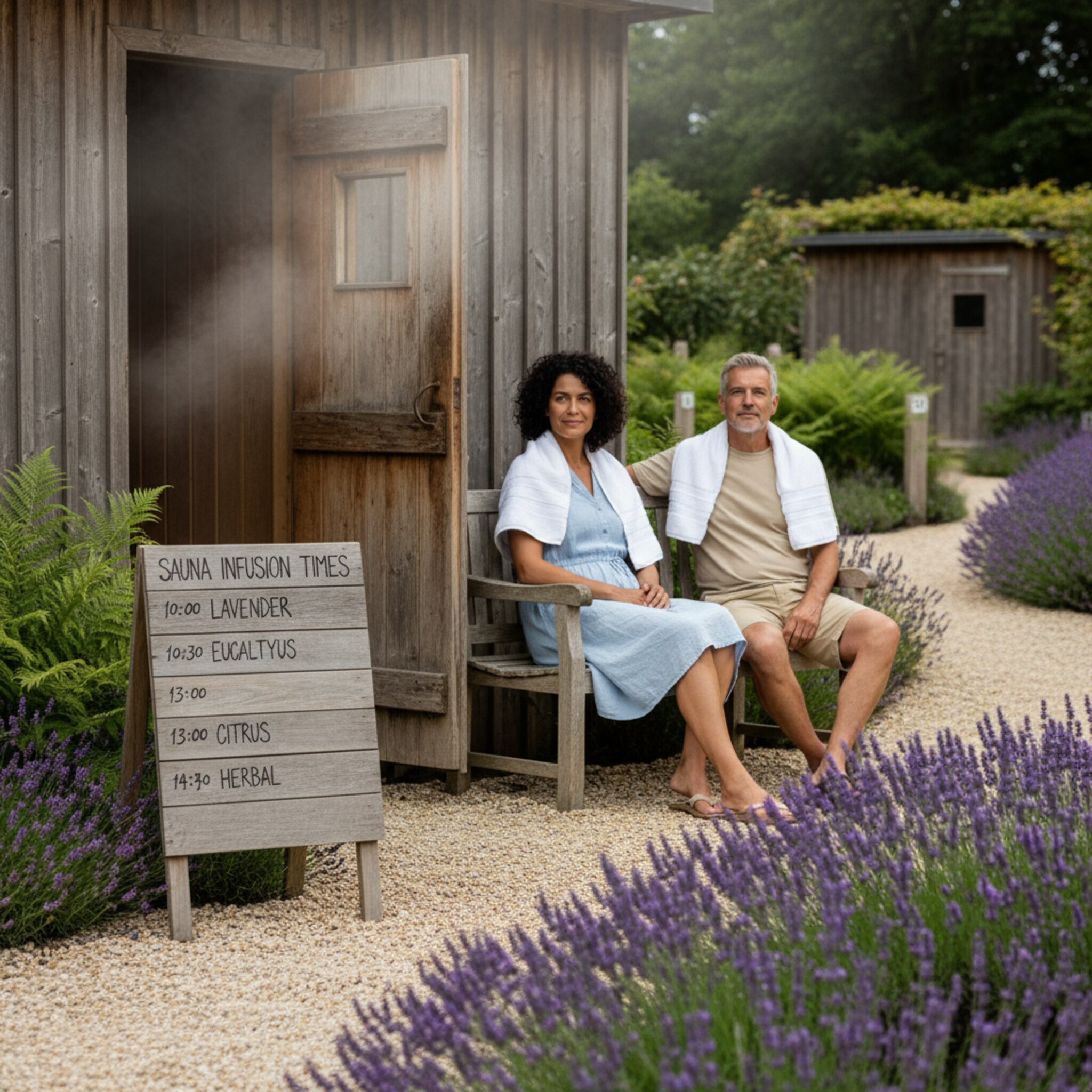 Vor dem Spa hängt ein kleines Holzschild mit den Zeiten des Aufgusses. Gäste sitzen leise auf einer Bank im Schatten, Handtücher über den Schultern. Durch die halb geöffnete Tür zieht warmer Dampf. Ein Gartenweg mit Kies führt weiter zu nummerierten Bereichen, Lavendel duftet intensiv.