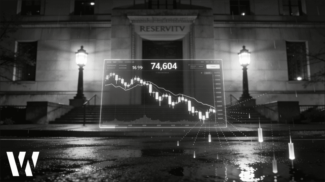 Warsh Fed Chair nomination fuels risk-off: black-and-white Federal Reserve building with trading screen showing Bitcoin drop to 74,604 amid hawkish Fed policy.