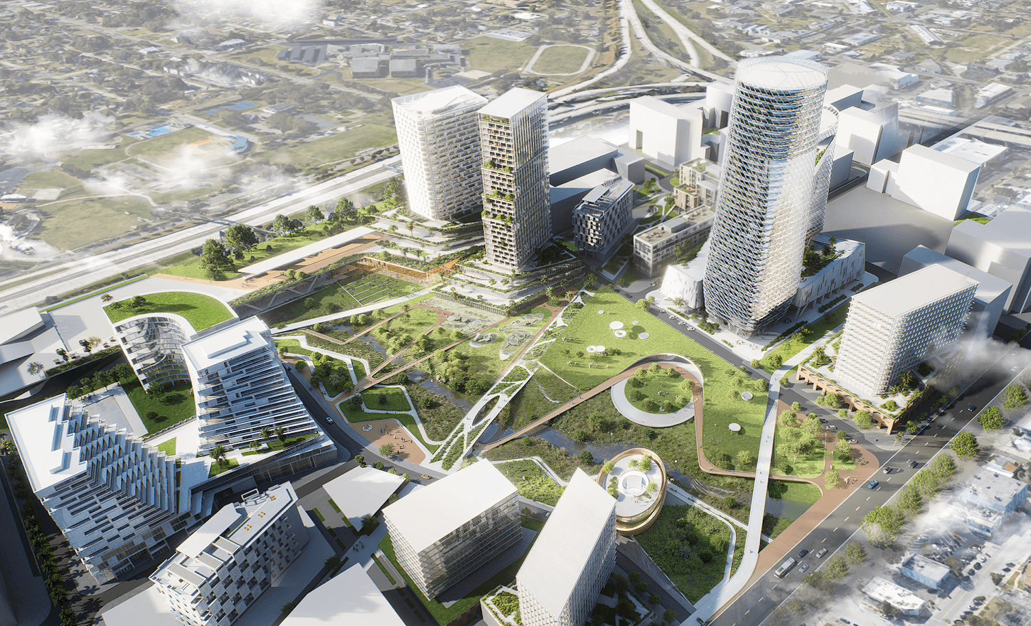 Bird's-eye aerial rendering of the full Historic Gas Plant District master plan by Blake Investment Partners, showing mixed-use towers, green spaces, and the 13-acre central park in St. Petersburg