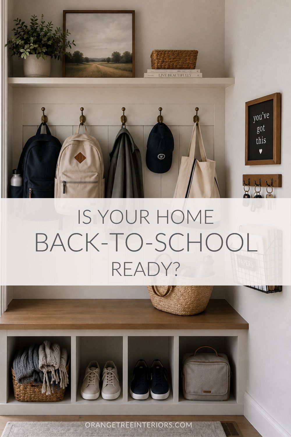 Mudroom with school backpacks, shoes and basket storage