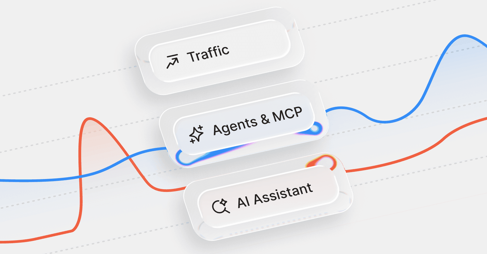 An illustration showing traffic, Agents & MCP, and AI assistant labels hovering over a graph with two lines