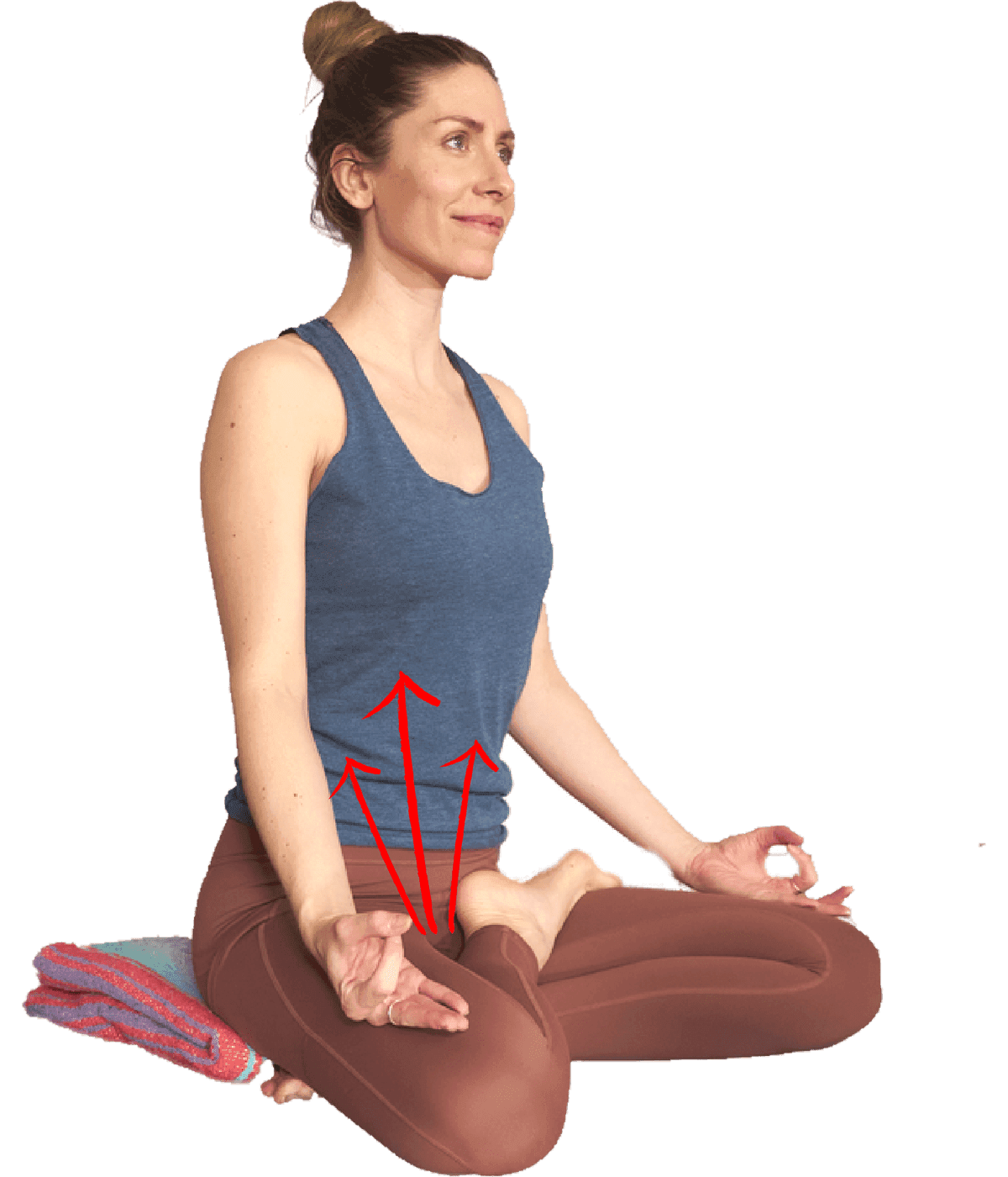 A seated figure with red arrows at the base of the pelvis showing the pelvic floor drawing up and in towards the centre of the body.