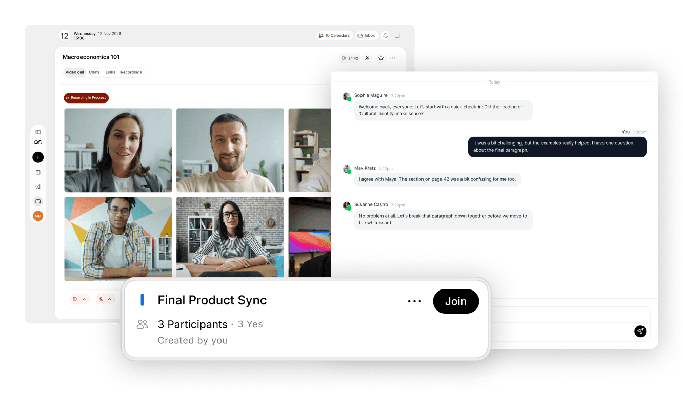 Dashboard interface of a business time management platform featuring a video conference, real-time team chat, and a "Final Product Sync" meeting notification for streamlined company workflow.