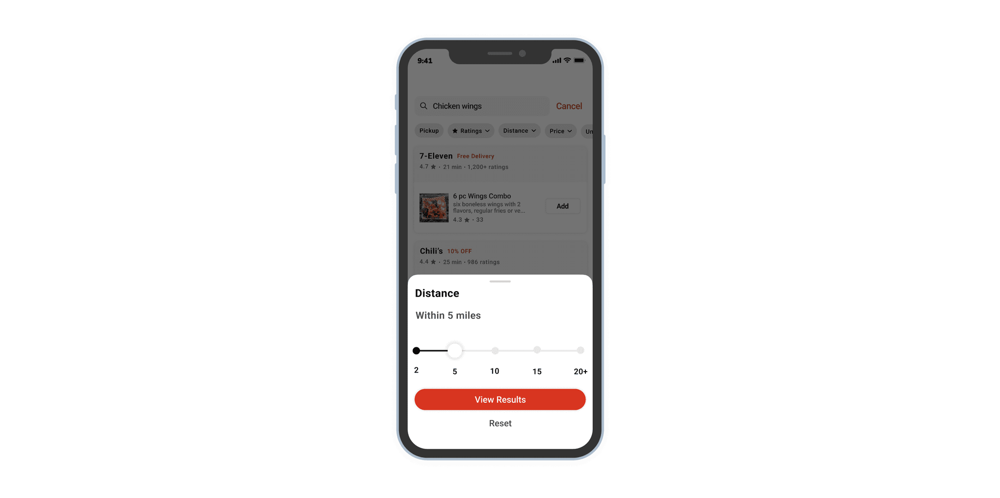 Mobile mockup containing ui screen of doordash distance filter.