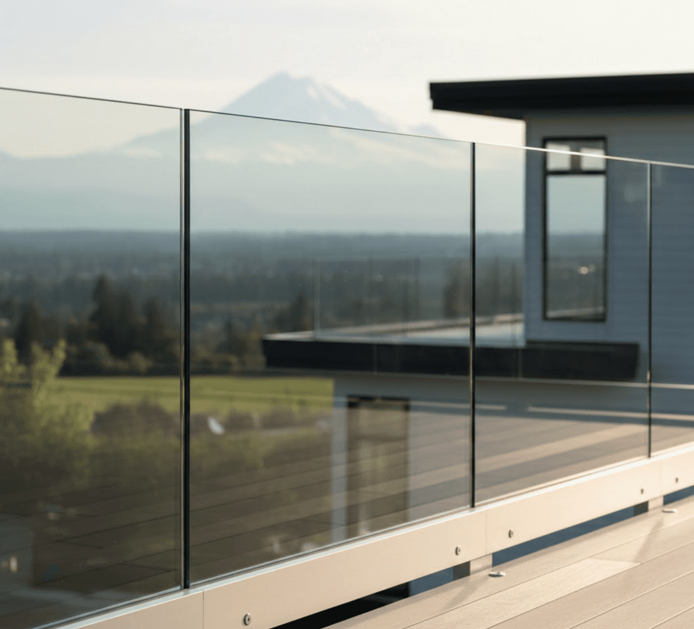 Close-up view of frameless glass railing system installed on a modern deck in Abbotsford BC, transparent glass panels catching soft natural light, Mount Baker mountain vista blurred in background, aluminum base channel detail visible, green Fraser Valley landscape, contemporary residential setting, photorealistic architectural detail shot, shallow depth of field focusing on glass clarity and hardware, warm afternoon sunlight, professional real estate photography style