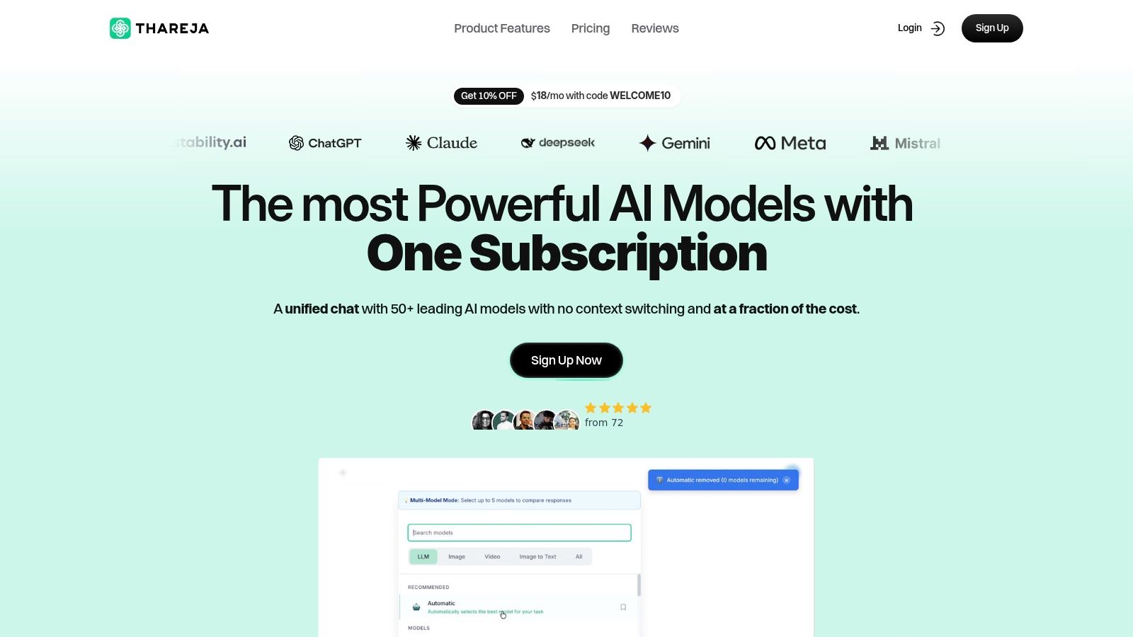 A user interacting with the Thareja AI chat interface, showcasing the ability to switch between different AI models within a single conversation.