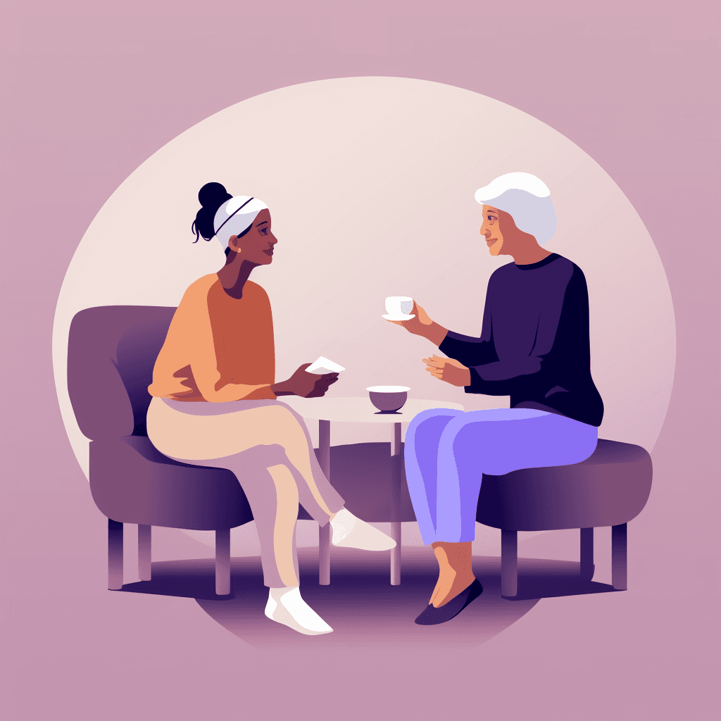 Two women seated across from each other, having a relaxed conversation over drinks.