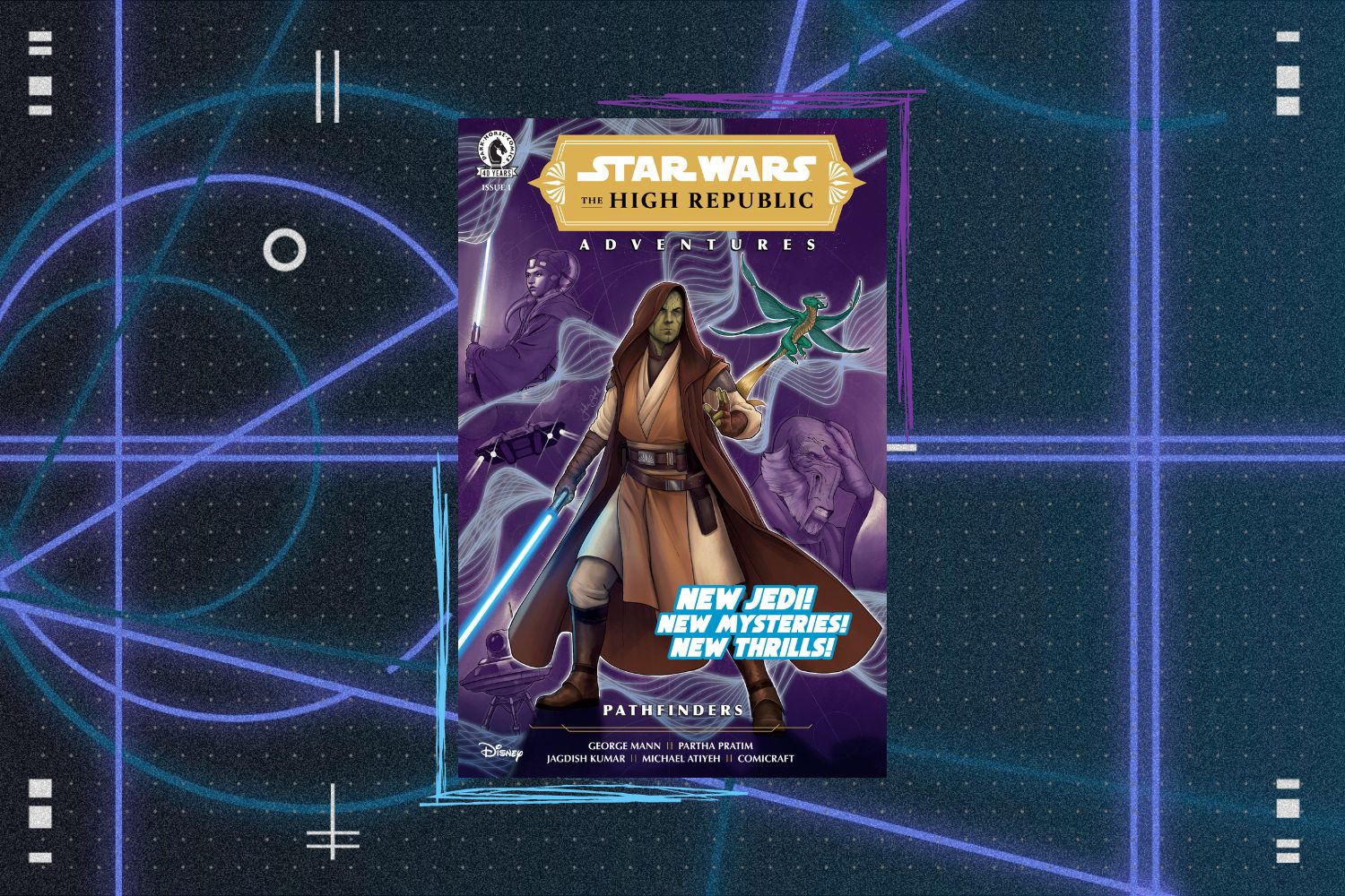 Cover for The High Republic: Pathfinders #1 in front of a blue geometric background