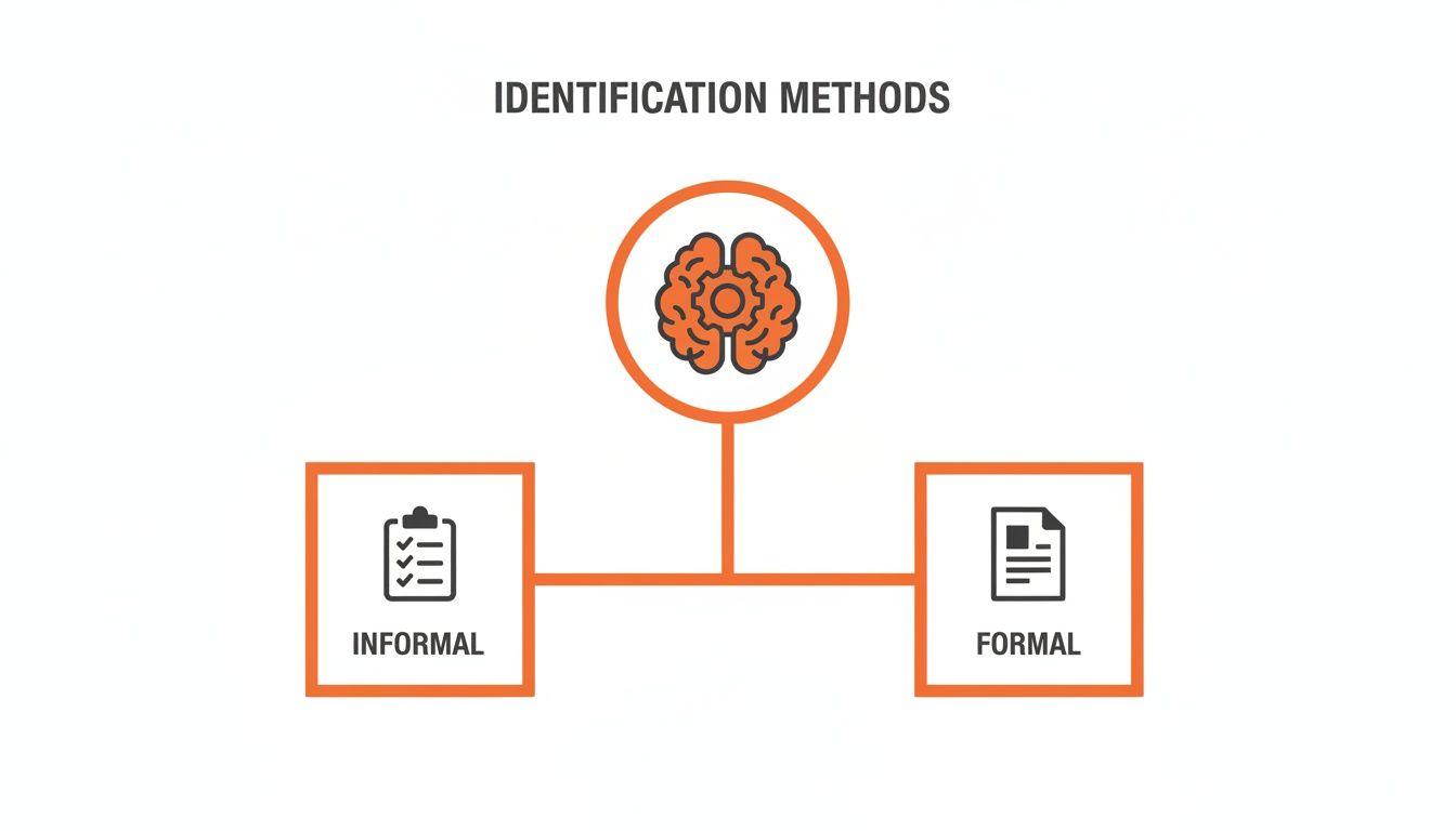 Diagram showing identification methods branching from a brain icon to informal (checklist) and formal (document) categories.