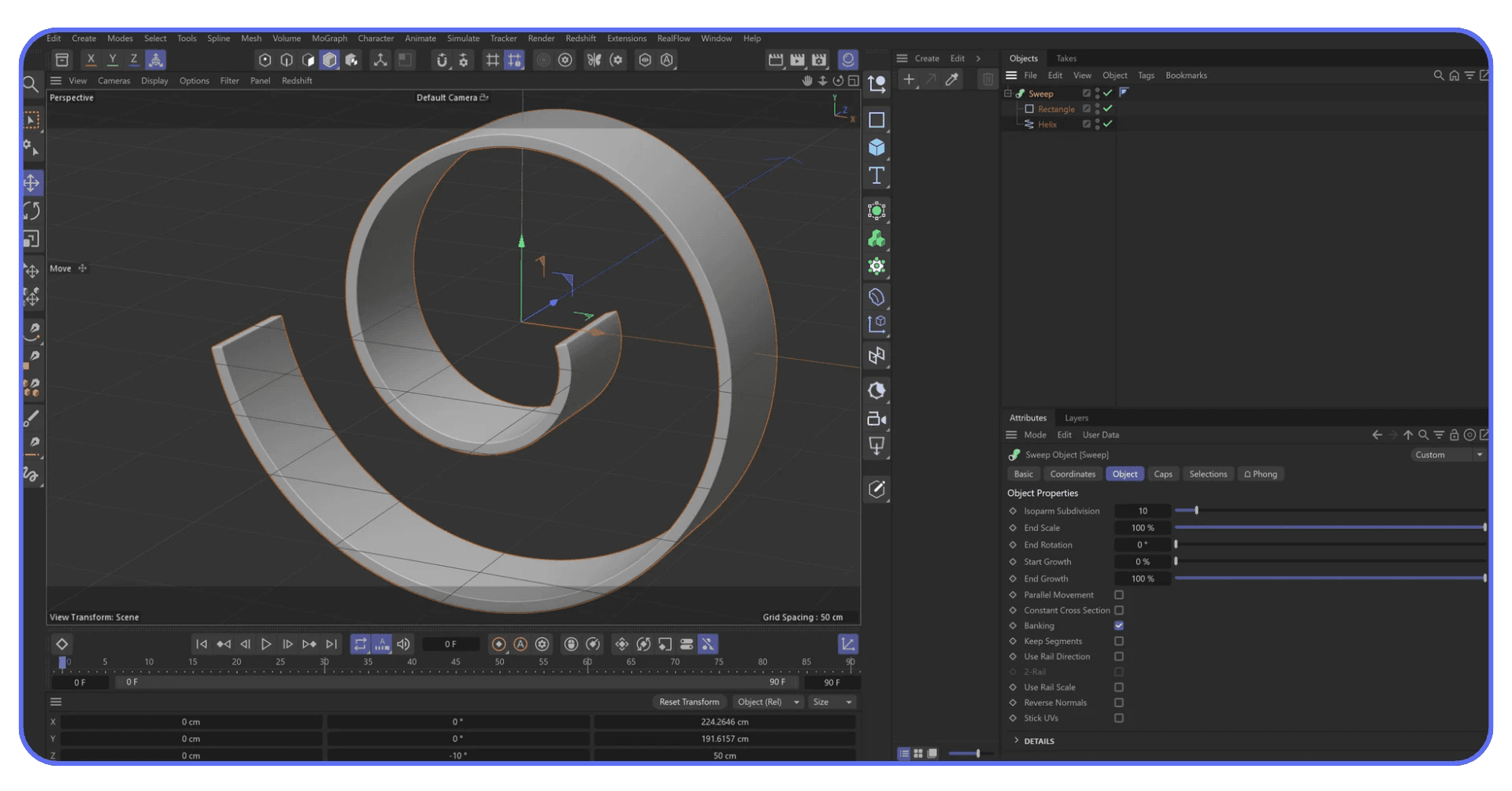 Cinema 4D spline-based modeling showing a spiral shape created with a Sweep object