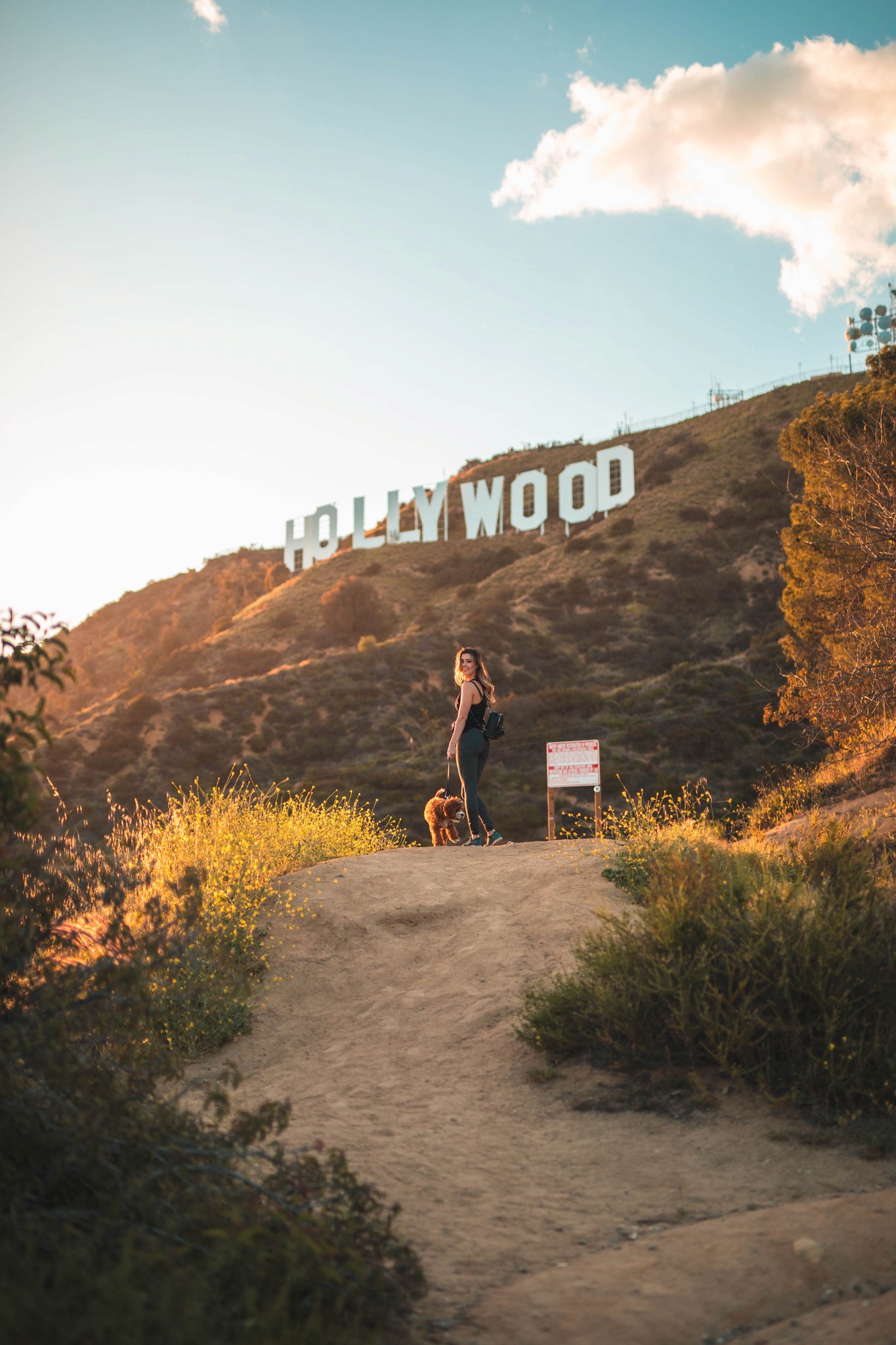 A girl with a dog on top of a sandy hill at sunset