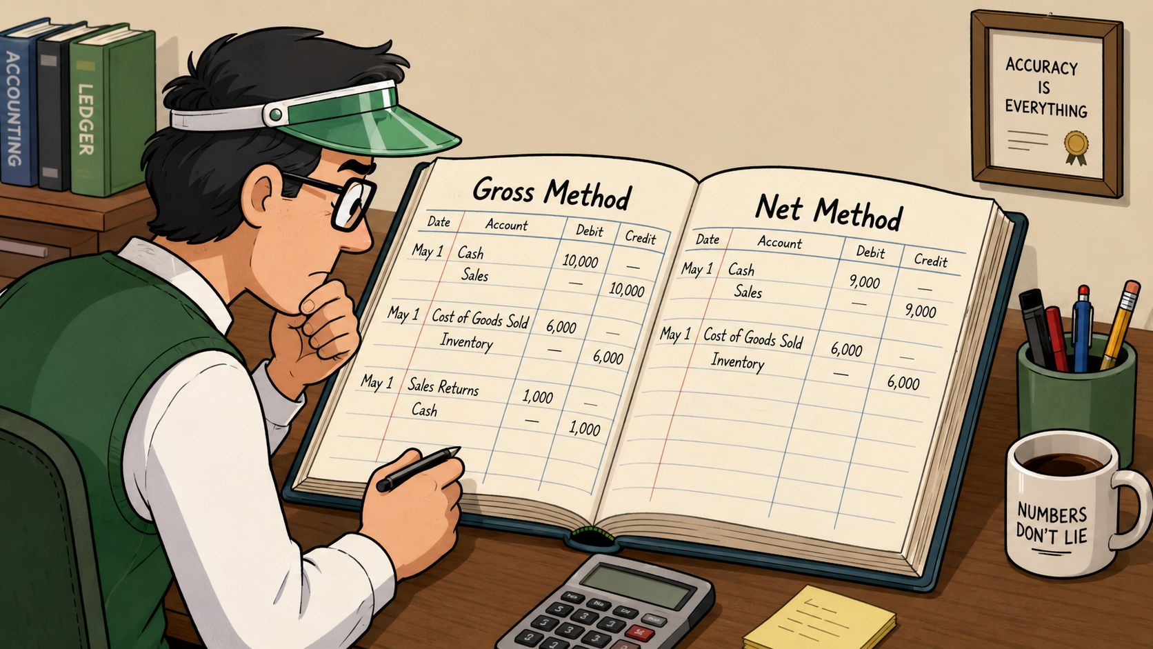 An accountant wearing a green visor reviews accounting ledger entries for gross and net sales methods.