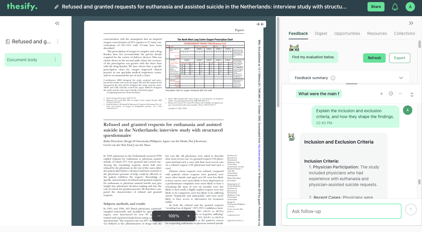 thesify chat with Theo explaining inclusion and exclusion criteria for the BMJ euthanasia study and how the criteria shape the findings