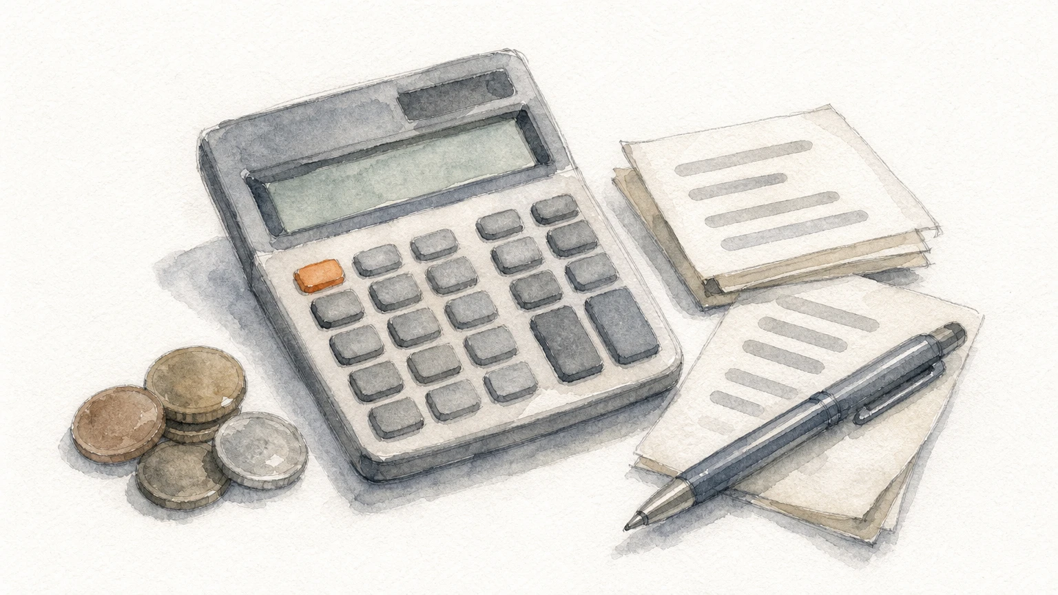 A calculator, stacked paper quotes, coins, and a pen arranged on a desk.