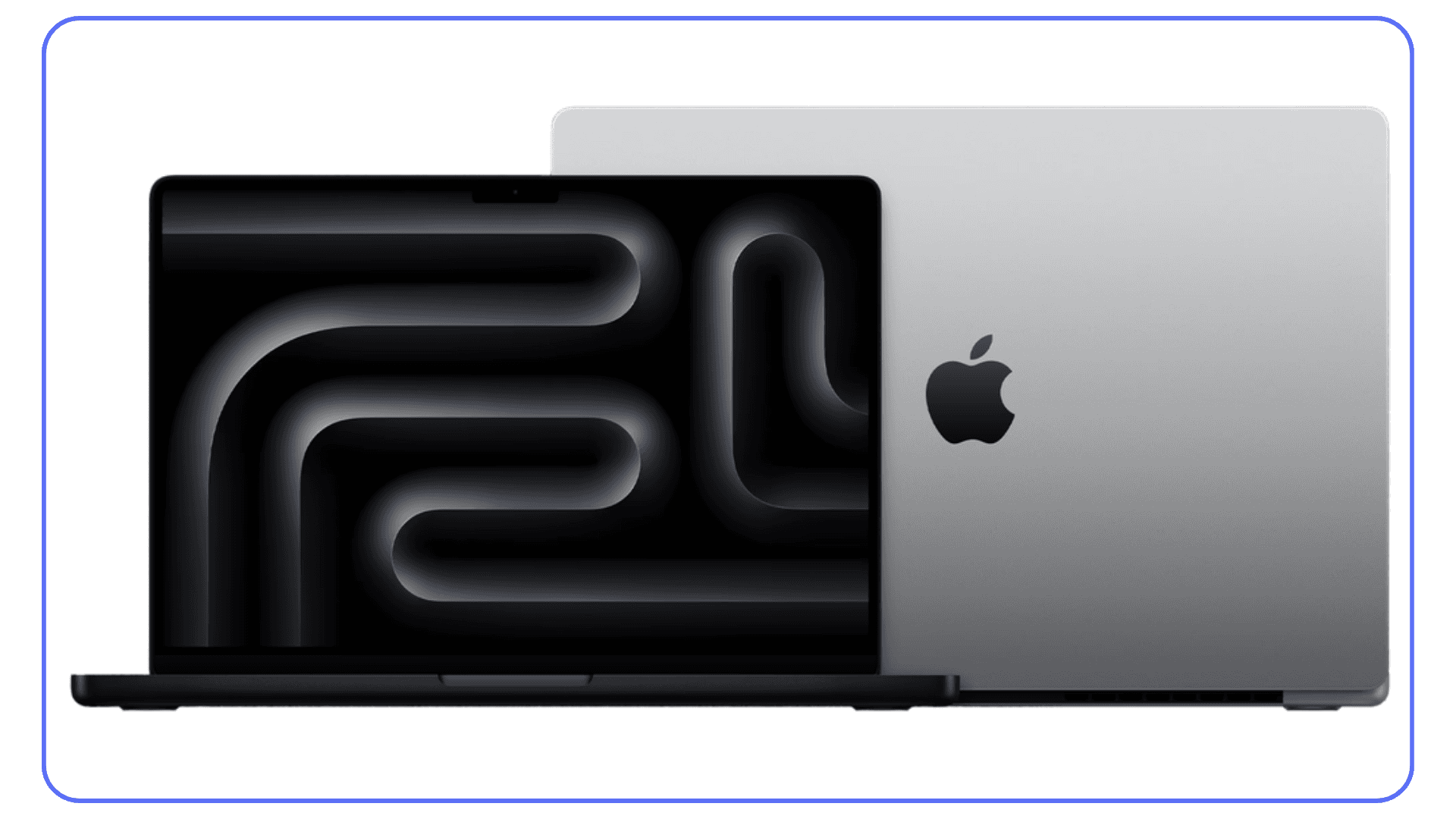 Apple MacBook Pro lineup – front and rear view of two MacBook Pro models with minimalist dark theme wallpaper and Apple logos.