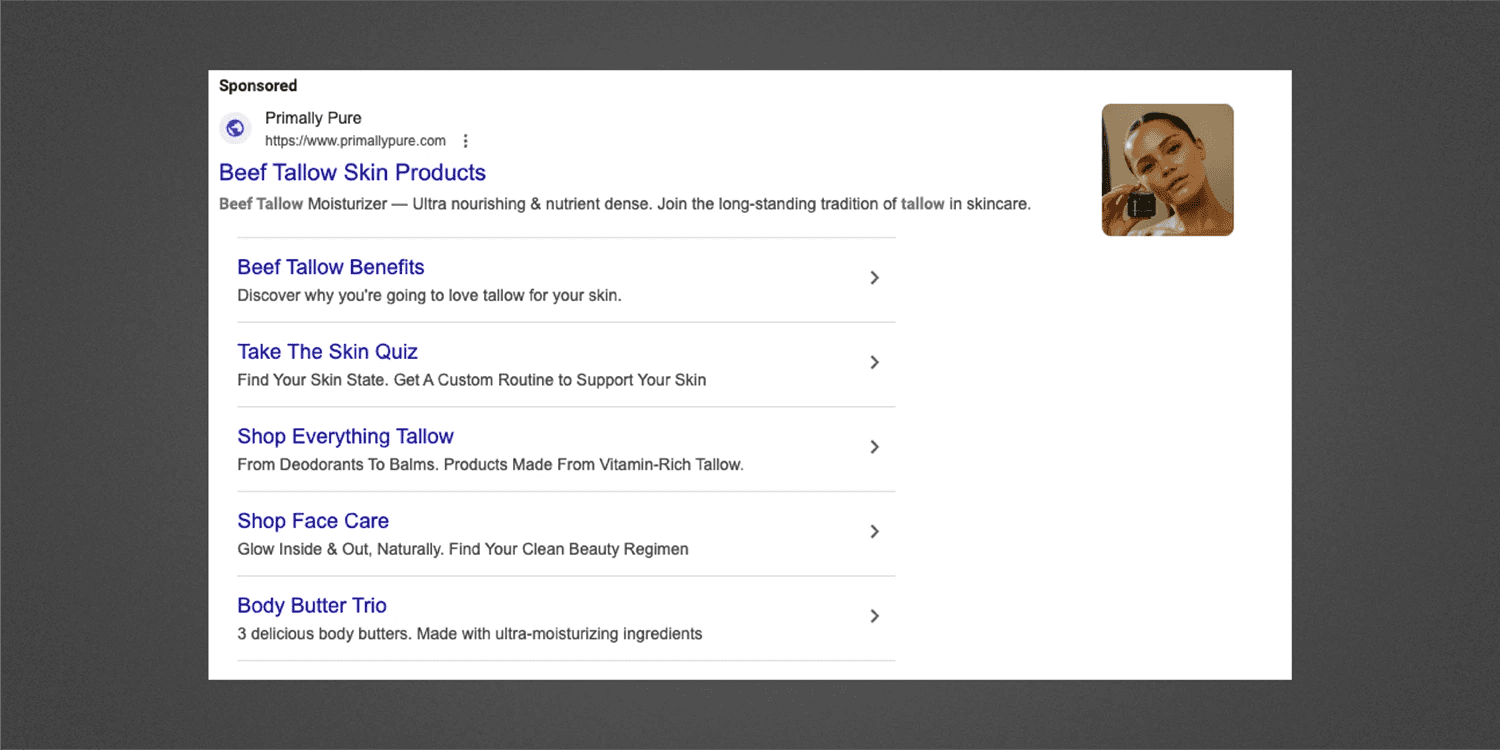 A screenshot of a SERP showing a Primally Pure Google ad on beef tallow skin products.