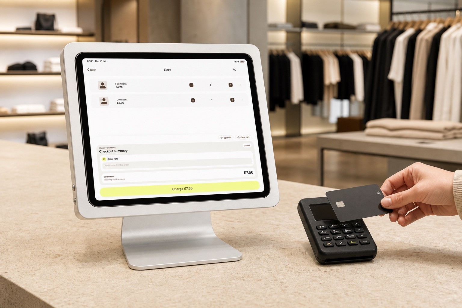 Customer tapping a bank card on the black MobilePayments reader beside the MobilePayments checkout app