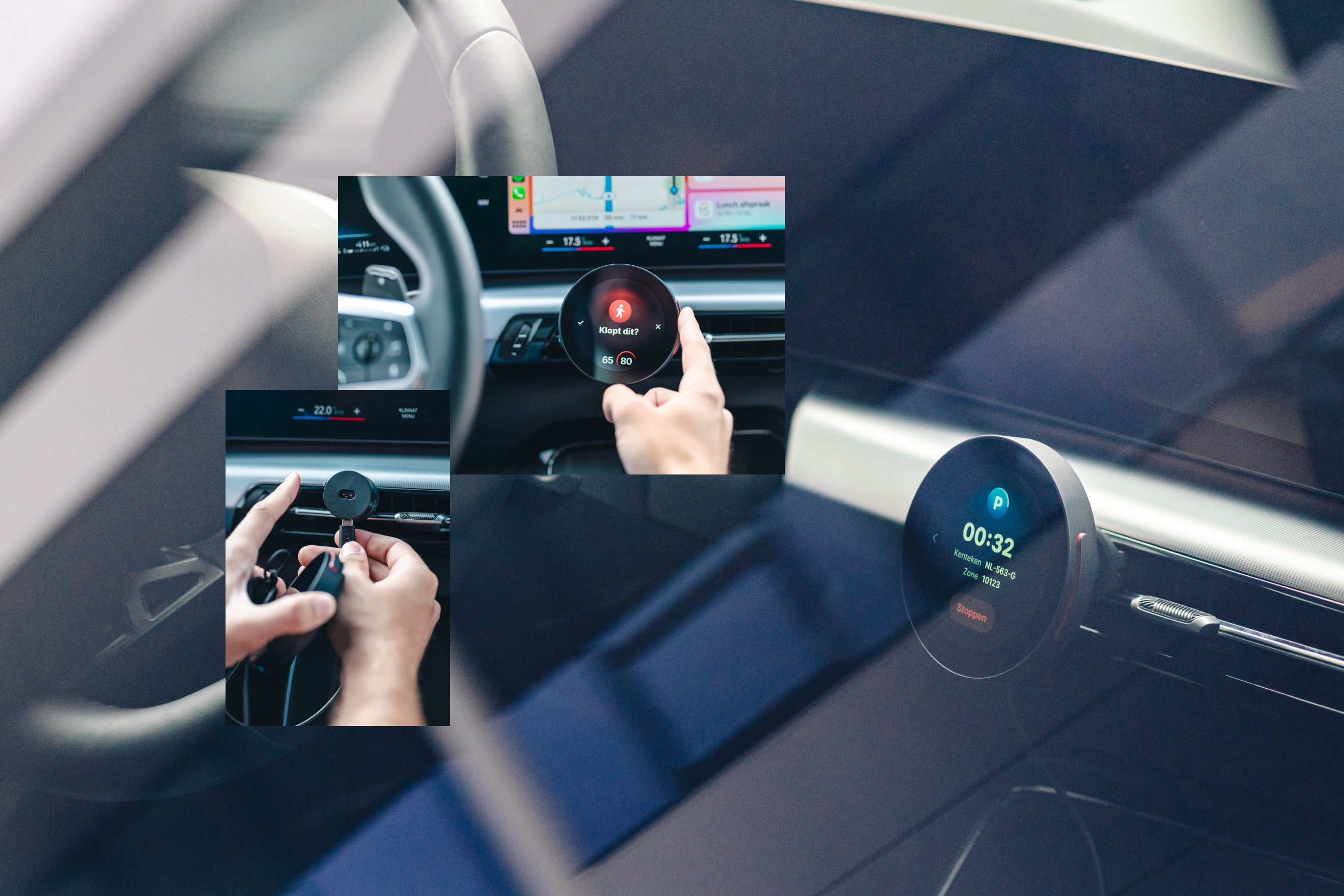 Flitsmeister DASH displayed on the dashboard of a new Mini Cooper SE interior, highlighting the speedtrap warning feature. The digital screen shows a clear alert of an upcoming speedtrap, integrated smoothly into the modern car's infotainment system.