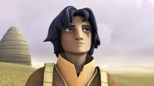 Ezra Bridger in an orange collared outfit looking off into the distance