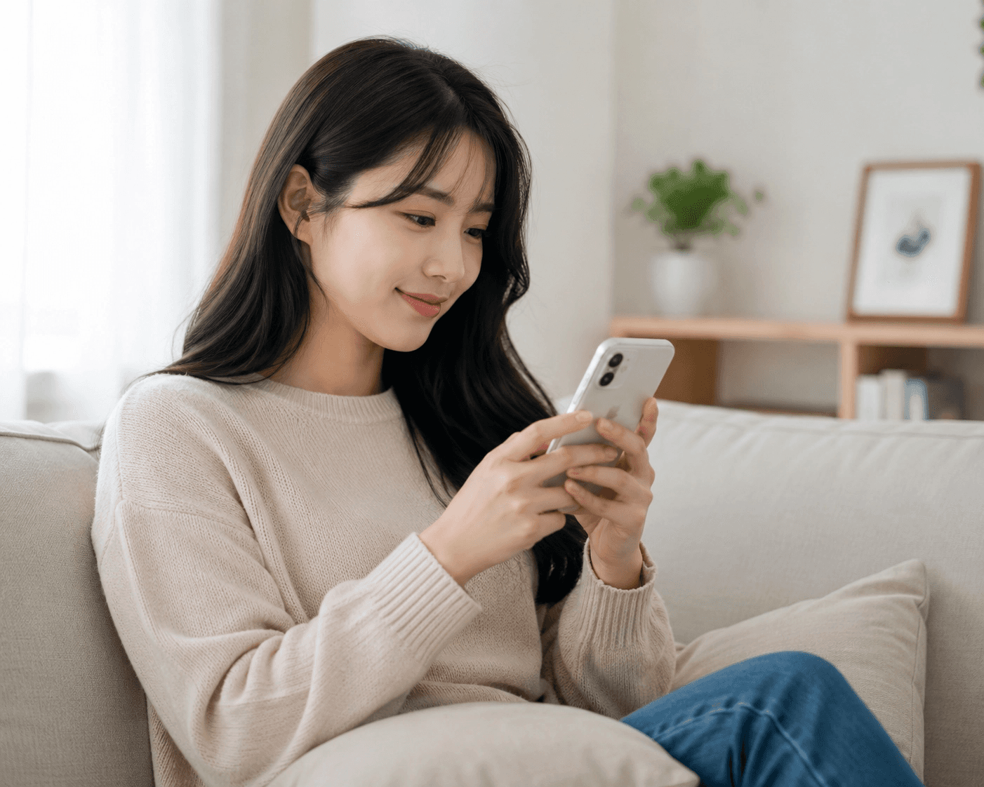 편안한 차림으로 거실 소파에 앉아 스마트폰을 두 손으로 들고 미소를 지으며 모바일 화면을 확인하고 있는 여성의 모습입니다.