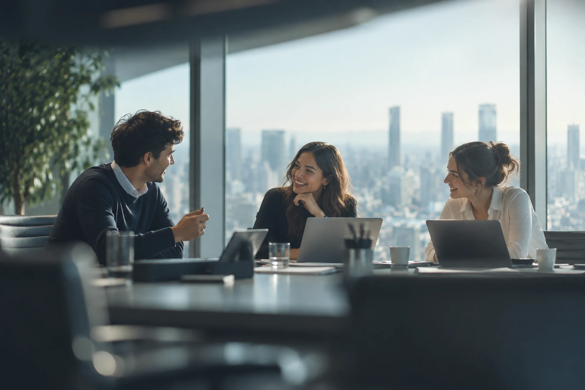 Three young consultants laughing together around a meeting table by a city window