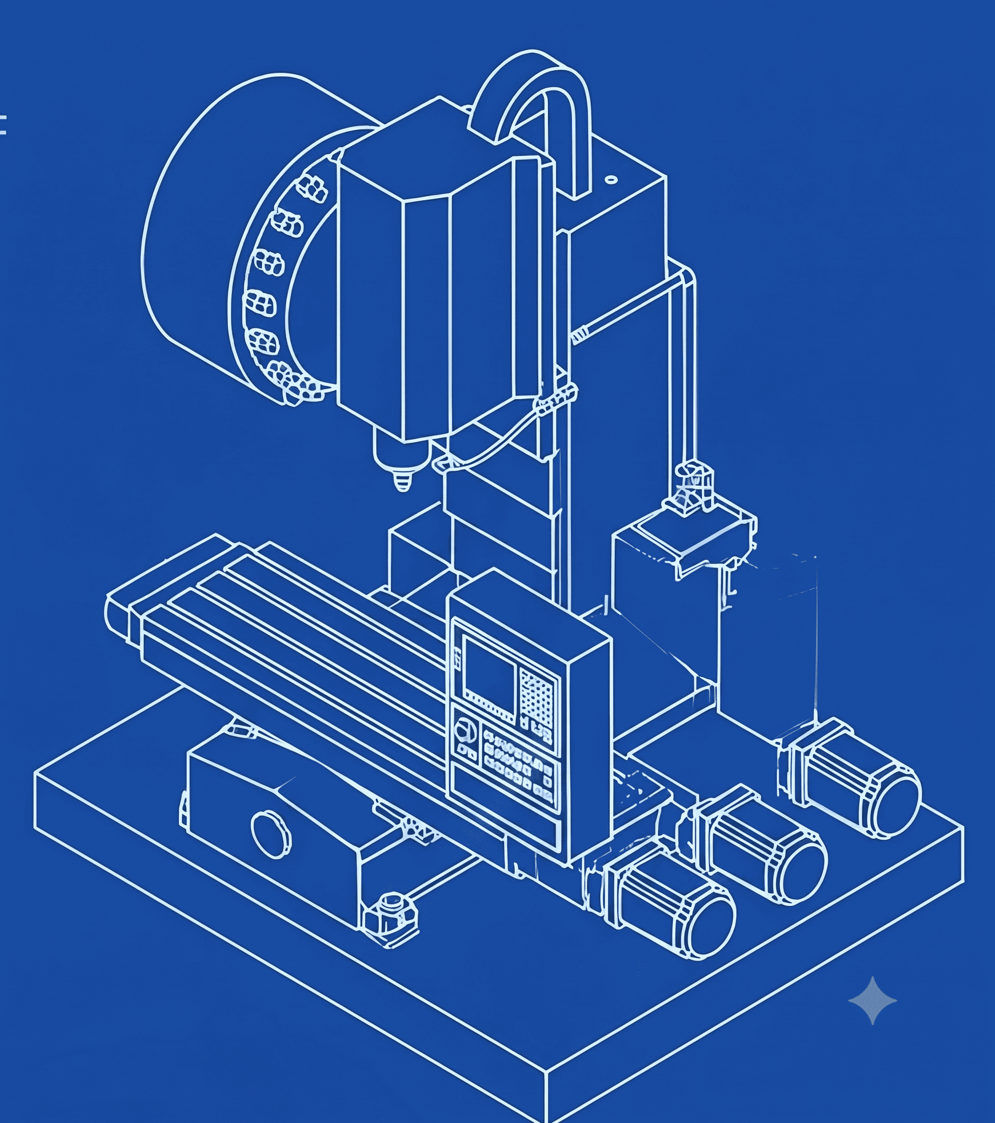 Blueprint design illustration of a CNC milling machine.