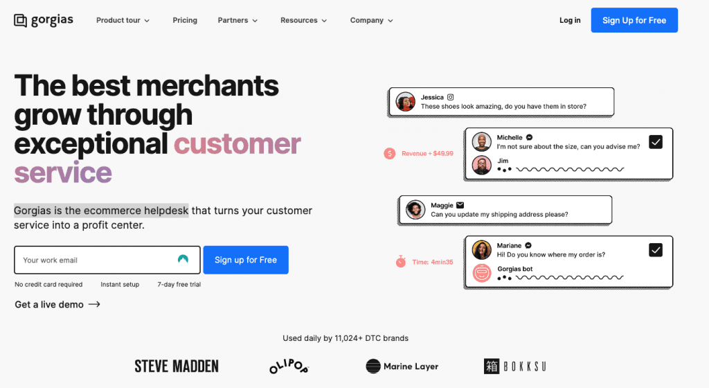 Gorgias homepage presenting the ecommerce helpdesk, used by over 11,024 DTC brands