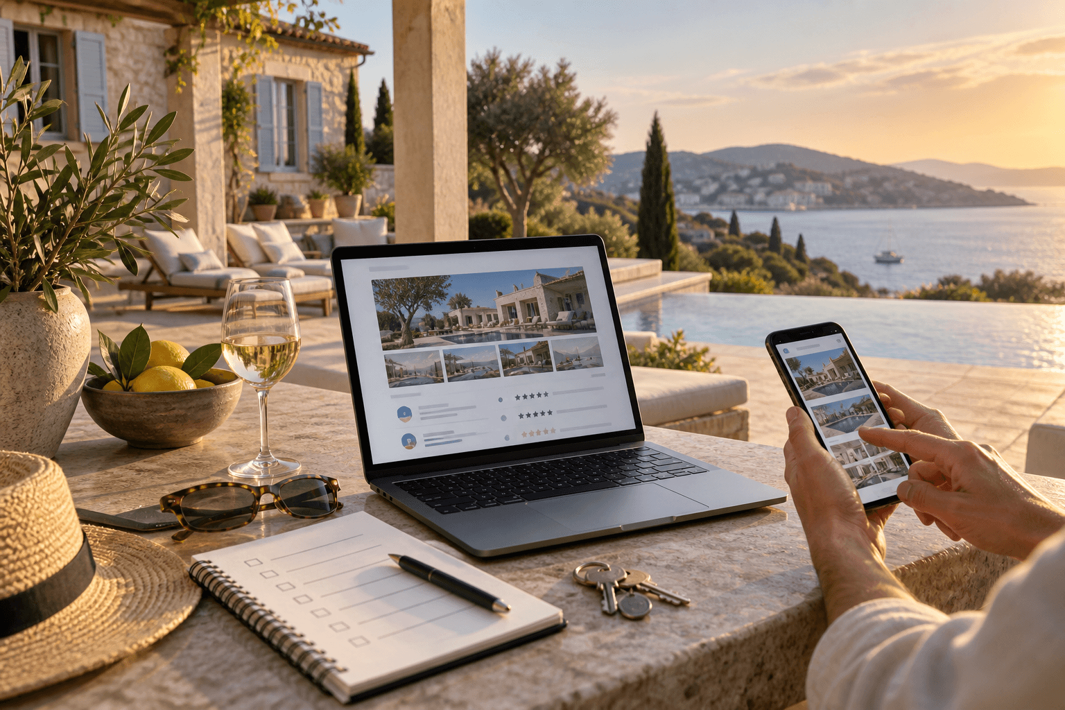 Luxury villa booking inspection with laptop, phone, and checklist on a Mediterranean terrace