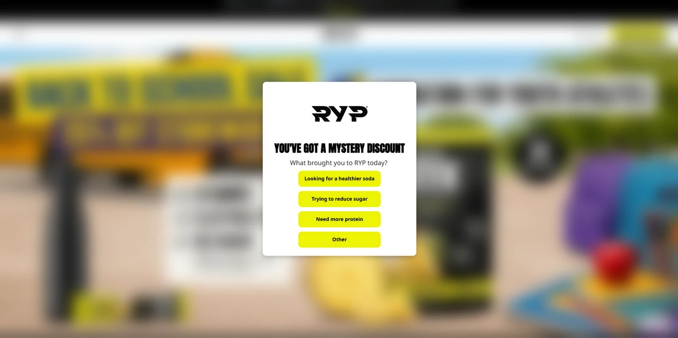 RYP fullscreen newsletter form asking visitors why they came before requesting an email for a mystery discount.