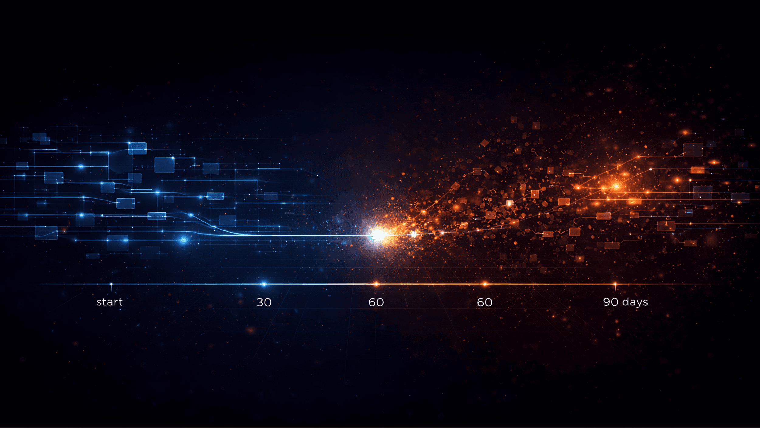 Abstract visualization of an automation system degrading over time, transitioning from structured blue network on the left to fragmented orange signals on the right, with a central failure point indicating collapse around the 90-day mark.