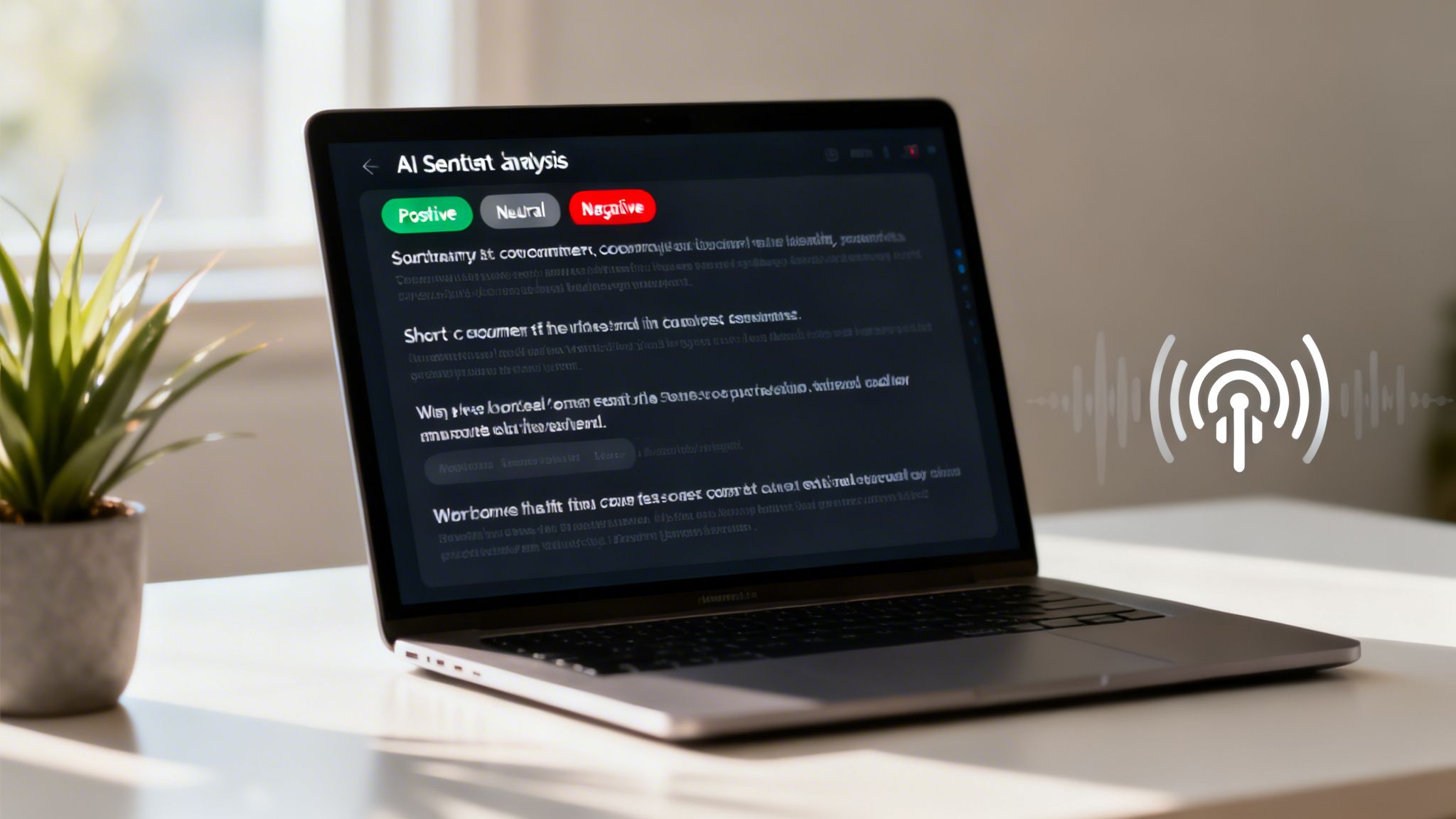 Laptop displaying AI sentiment analysis with positive, neutral, and negative options, alongside a sound wave icon.
