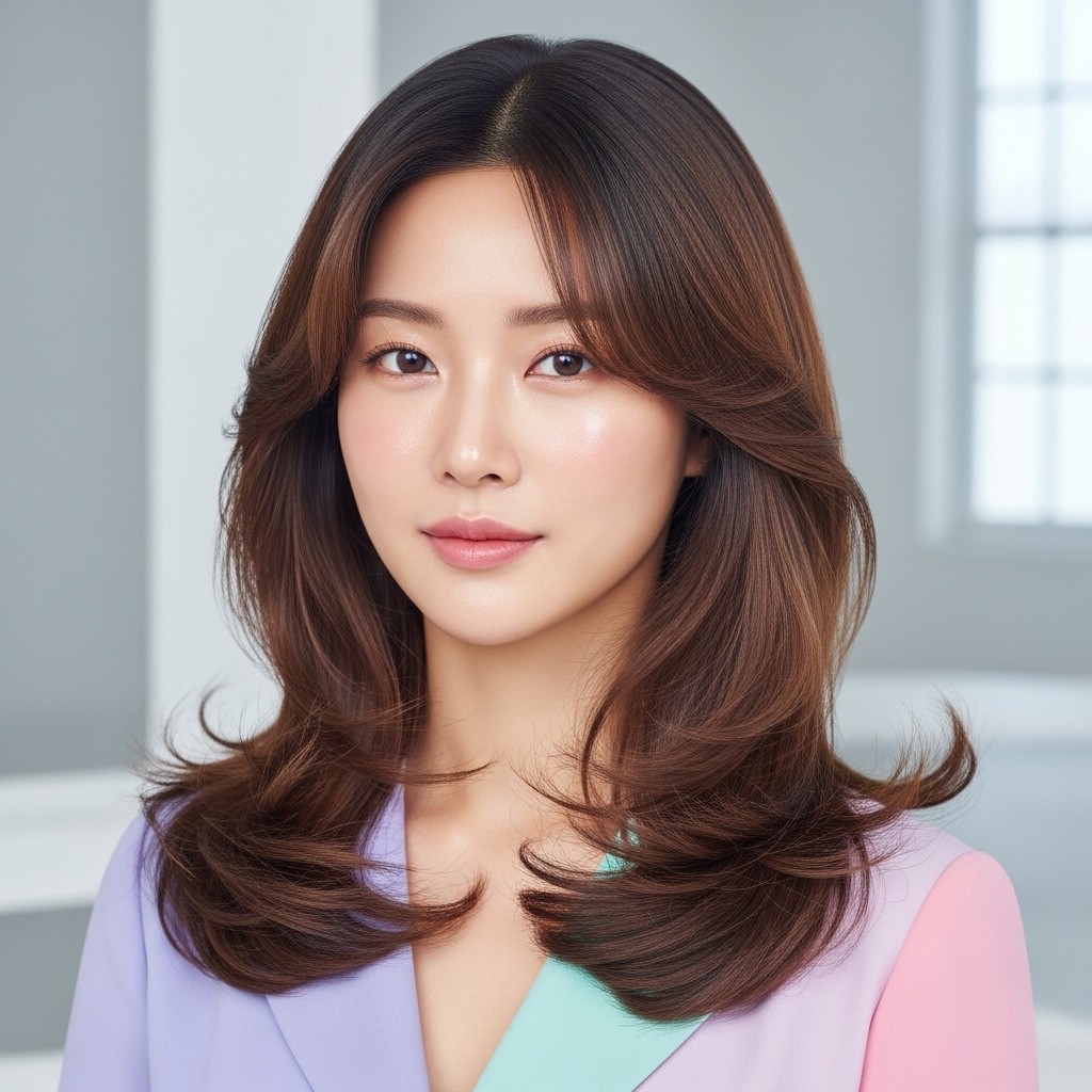 Serene East Asian woman with layered brown hair wearing a pastel purple, green, and pink blazer in a bright room.