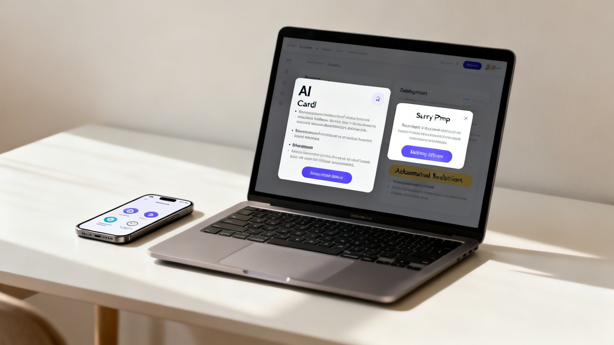 A modern laptop and smartphone on a clean white desk, showcasing digital interfaces and pop-up cards.