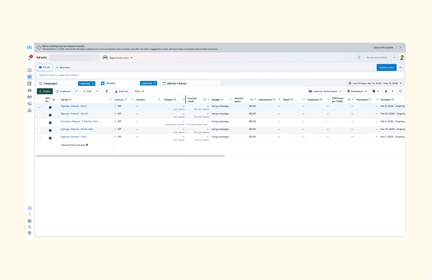 Screenshot of Meta's UI with campaigm management tools