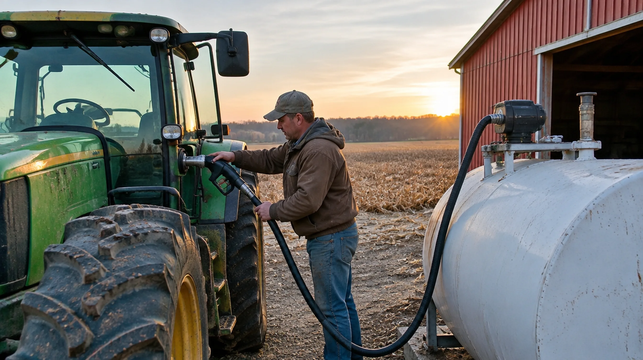 Farmer refueling a tractor from an above-ground farm diesel tank beside a barn and harvested cornfield