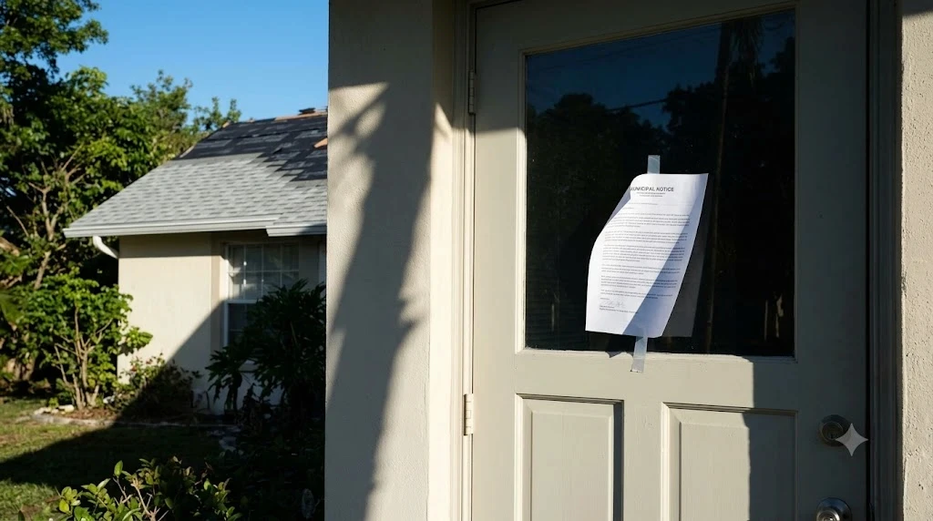 Building department notice posted at a South Florida home with a partly re-roofed section visible behind