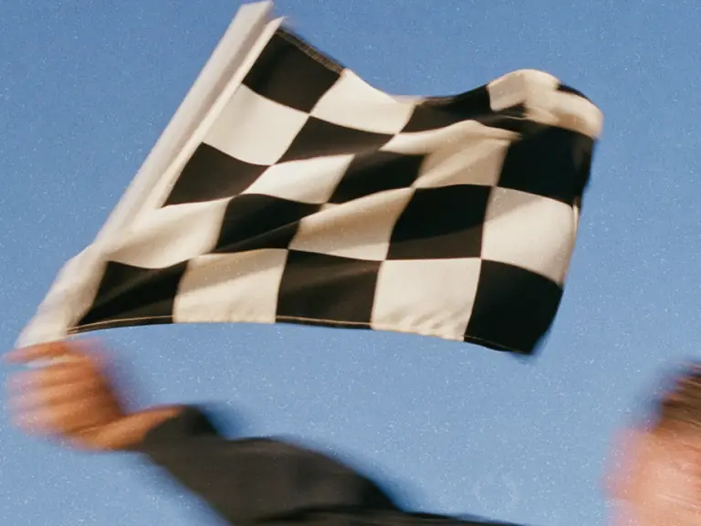 Person waving a chequered racing flag against a blue sky.
