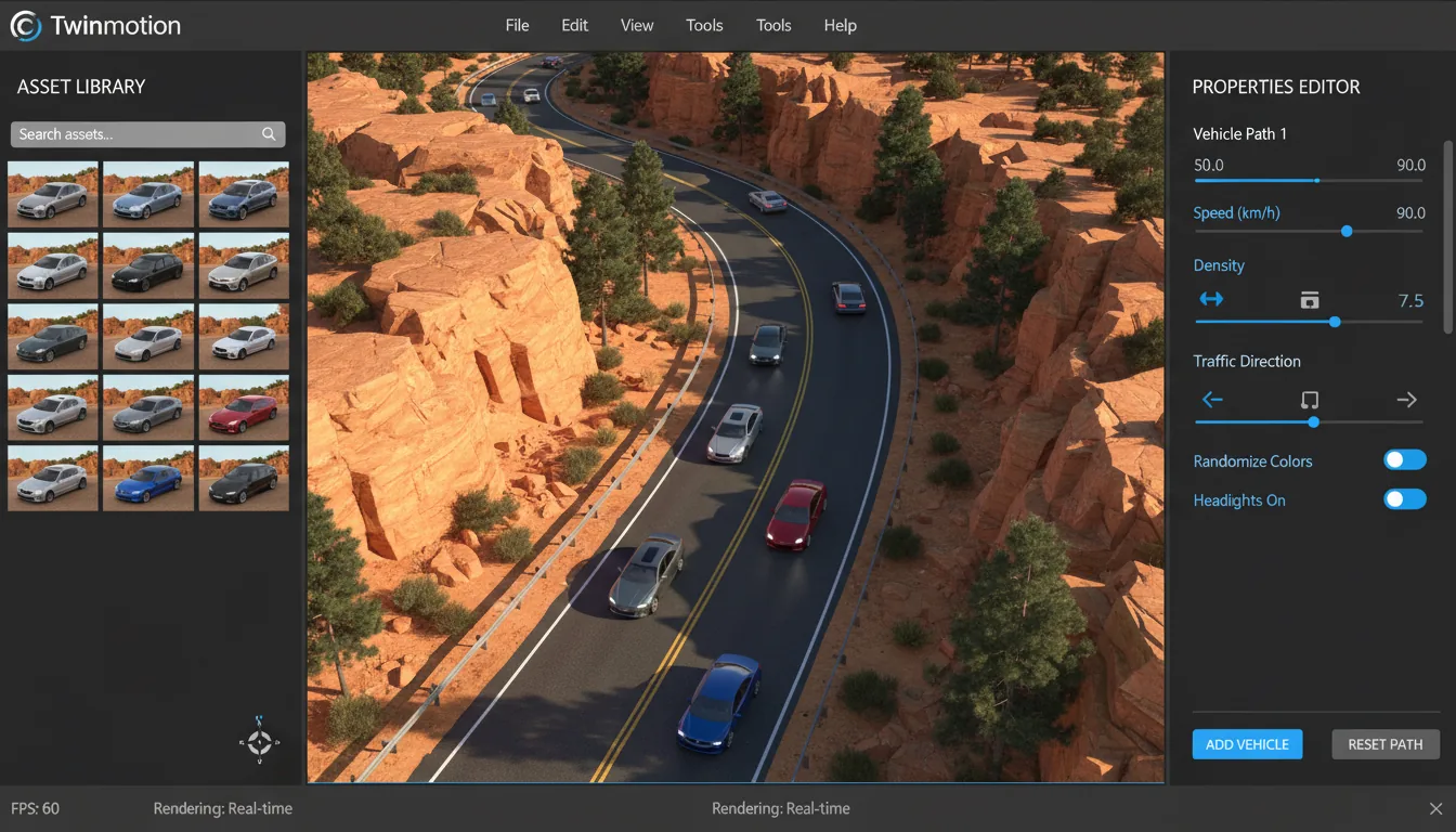 A screenshot of the Twinmotion real-time rendering software interface, featuring a Modern Dark Mode with a charcoal grey theme and vibrant blue accents. The layout consists of three vertical panels. The left panel is an asset library displaying a grid of thumbnail images showing various 3D car models. The large central viewport shows a high-angle, photorealistic 3D rendering of a winding road in a sunny, rocky landscape with scattered green trees and cars driving. The right panel is a properties editor with placeholder data, slider controls, and UI elements for vehicle path settings.