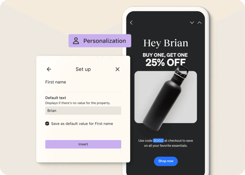 Personalisierungseinstellung fügt einen Vornamen in eine Buy-one-get-one-25%-E-Mail auf dem Smartphone ein