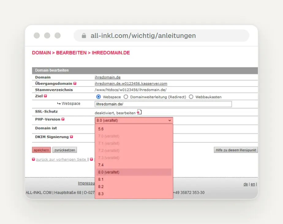 ALL-INKL KAS, Edit Domain: Open drop-down list “PHP Version” with versions up to PHP 8.3 (outdated help)