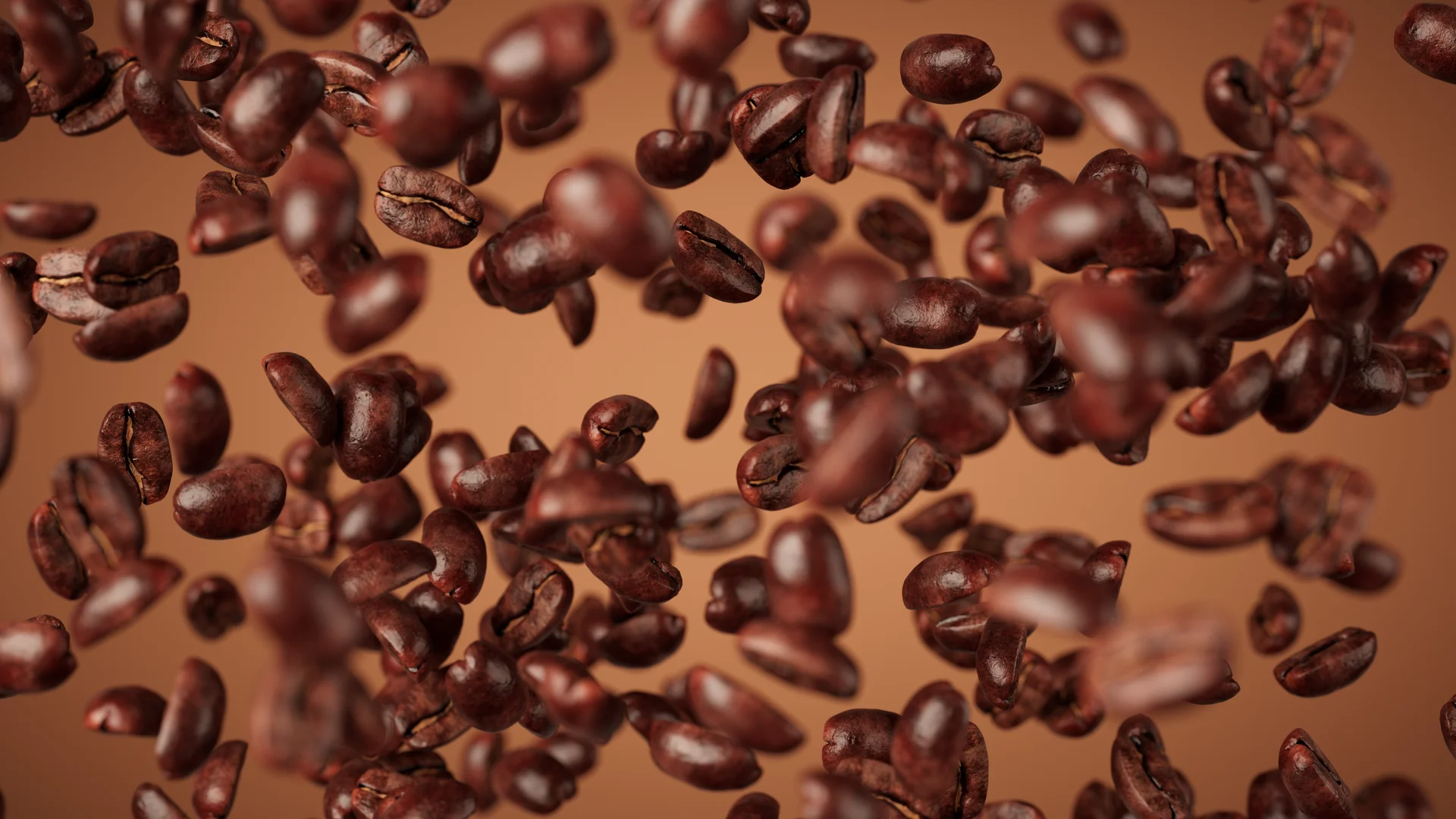 Kaffe Roast Co. coffee roaster 3D render, roasted coffee beans suspended mid-air with depth of field blur, amber background